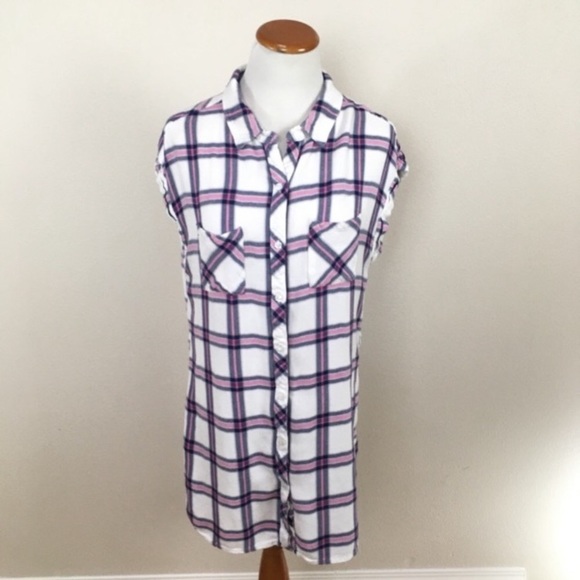 Rails Sleeveless Plaid Button Down Shirt‎ White Blue Tunic Top Women’s Sz Large - Picture 1 of 5